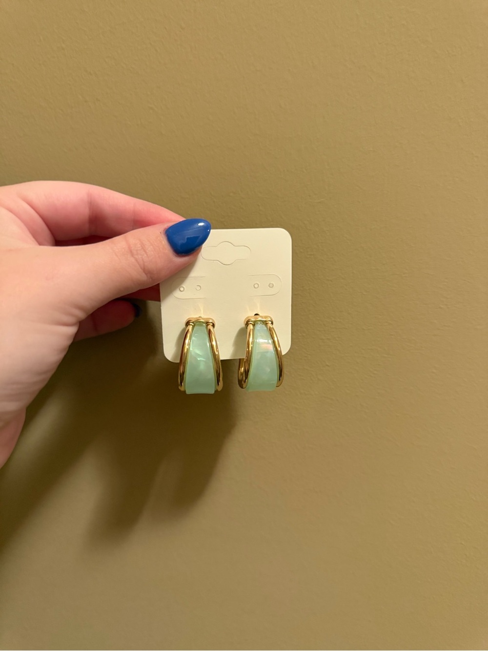 Gold Hoop Earrings with Mint Green Inlay